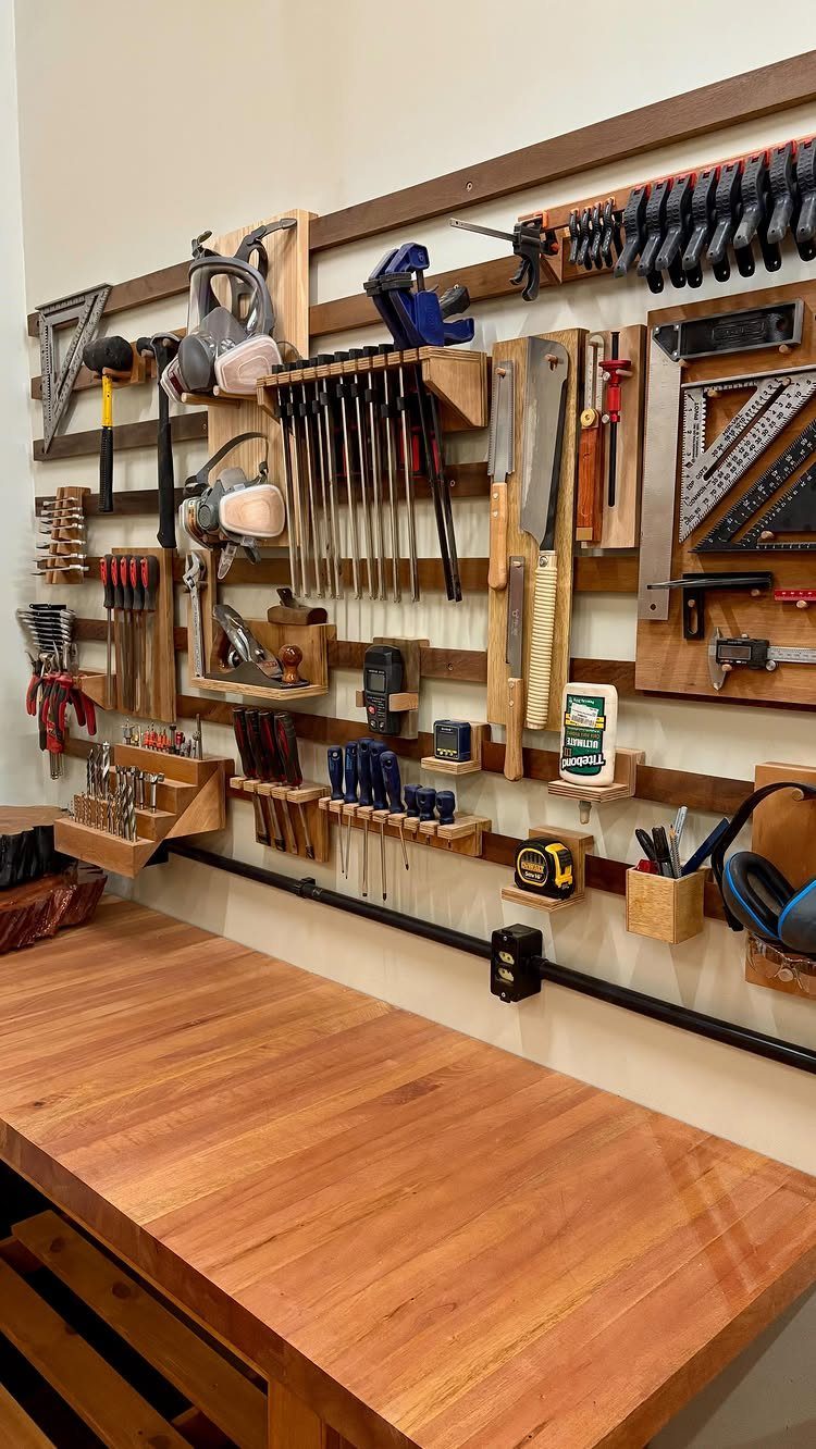 Garage Tool Setup: 8 Ideas That Actually Save Space and Time 8 Woodworking tools organized on a slatwall system above a clean wooden workbench.