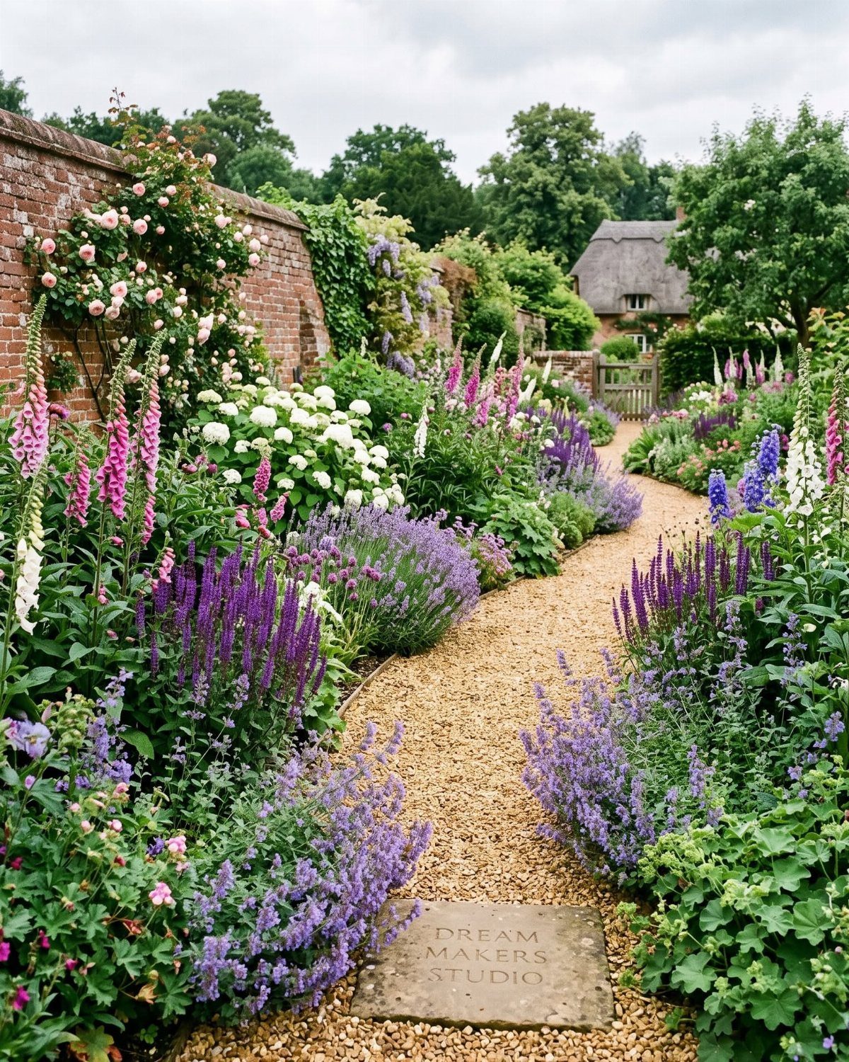 Colorful flowering plants line a winding gravel path in a lush, blooming cottage garden.