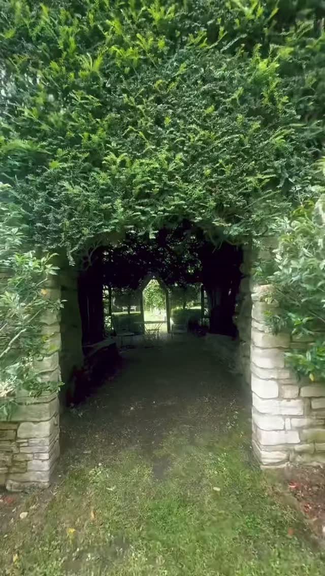 A stone archway covered in dense green leaves forming a tunnel into a garden.