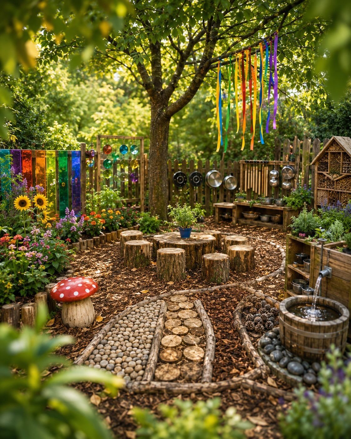 Whimsical garden with colorful ribbons, tree stump seating, a water fountain, and pebble paths.
