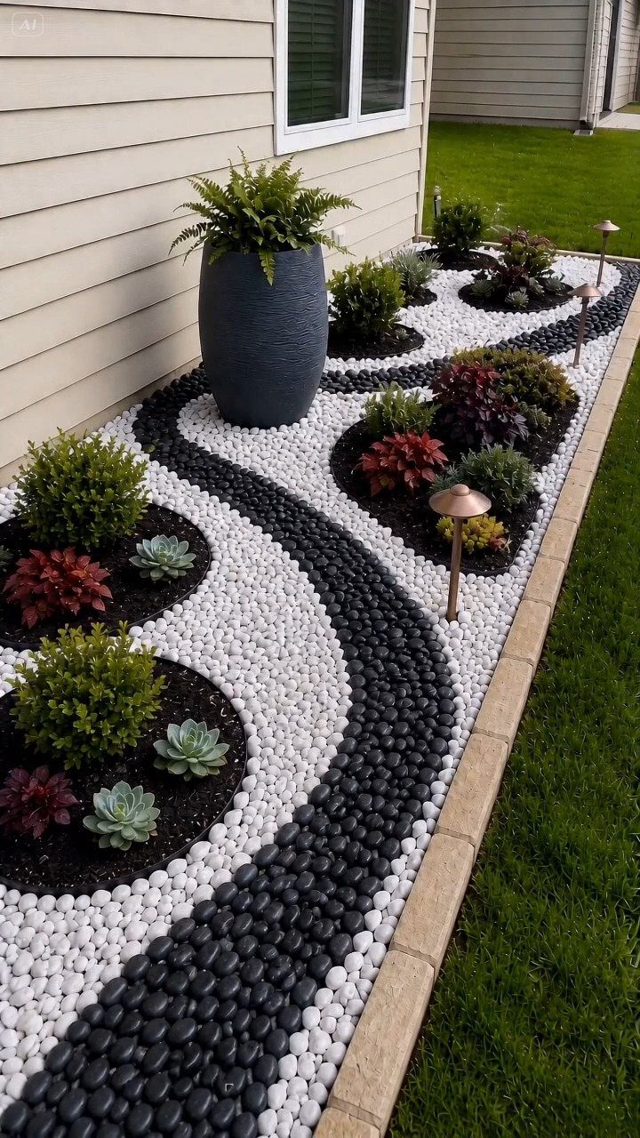 Winding paths of black and white pebbles surround small plants in a modern garden bed.