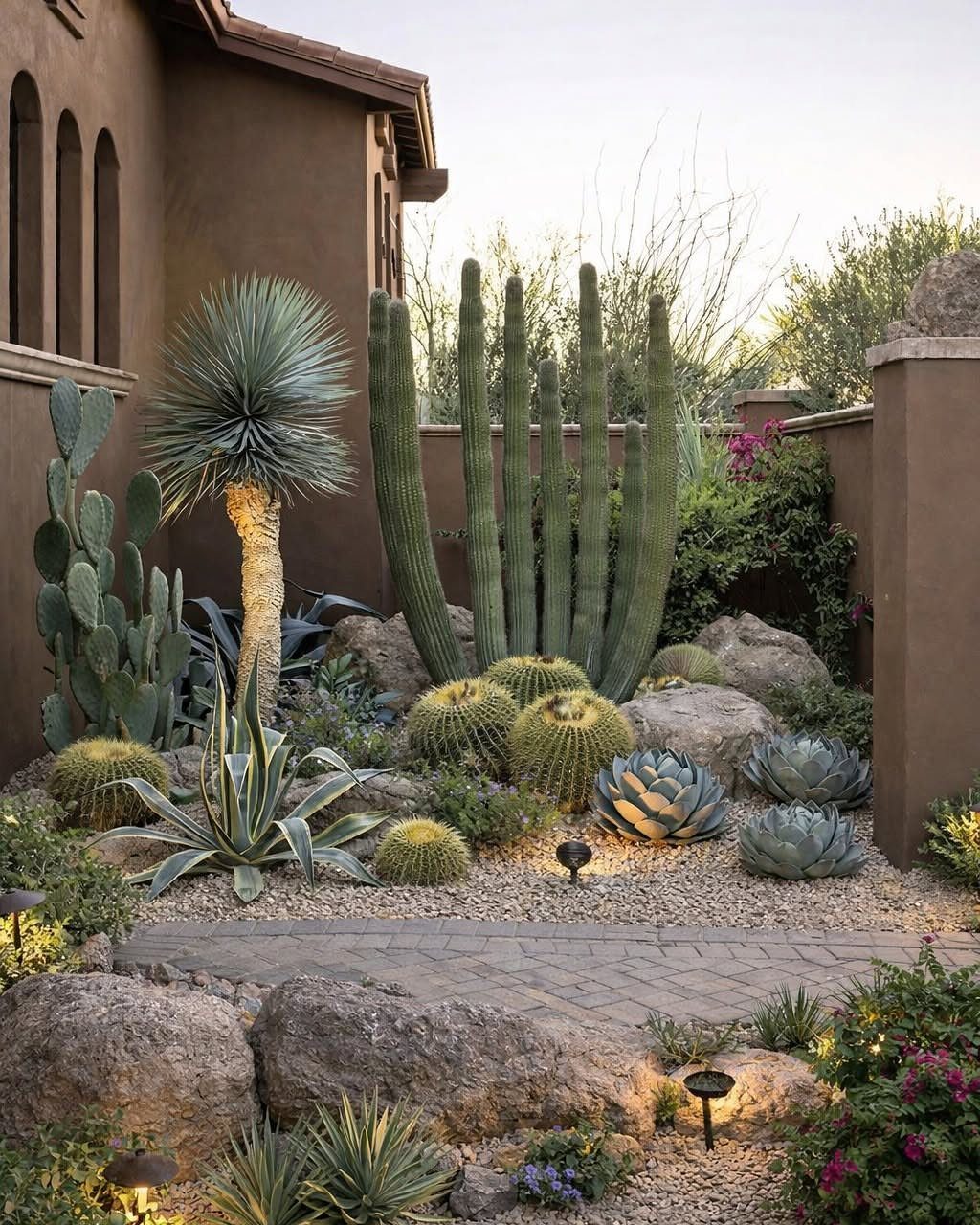 Various cacti and agave plants arranged with large rocks and gravel in a desert landscape.