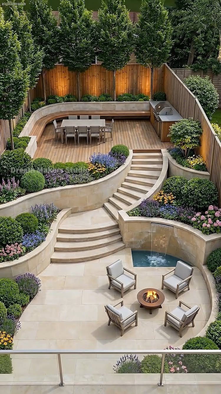 A multi-level backyard garden with stone walls, curved stairs, a wooden deck, and a stone patio.