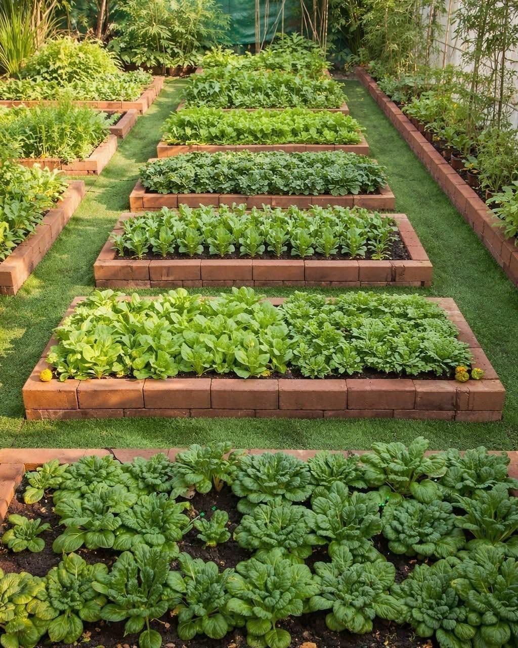 Rectangular brick raised garden beds filled with various green leafy vegetables arranged on a lawn.