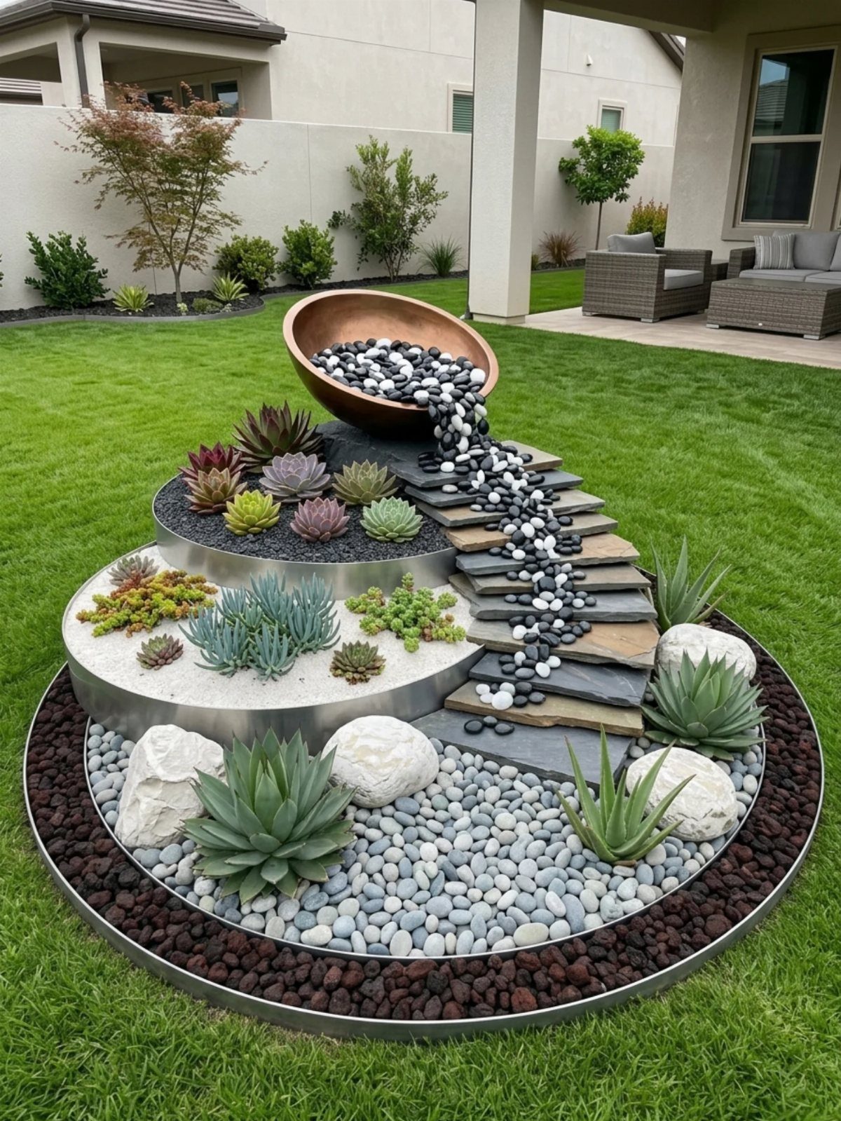 Succulent garden arrangement with a copper bowl spilling black pebbles over slate steps and white stones.