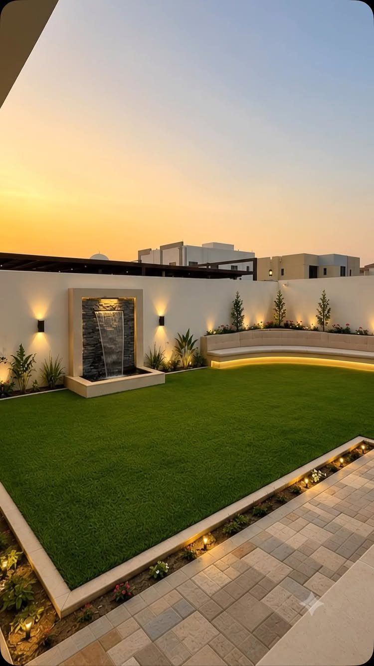 Modern backyard with a green lawn, stone water feature, curved bench, and light-colored paving tiles.