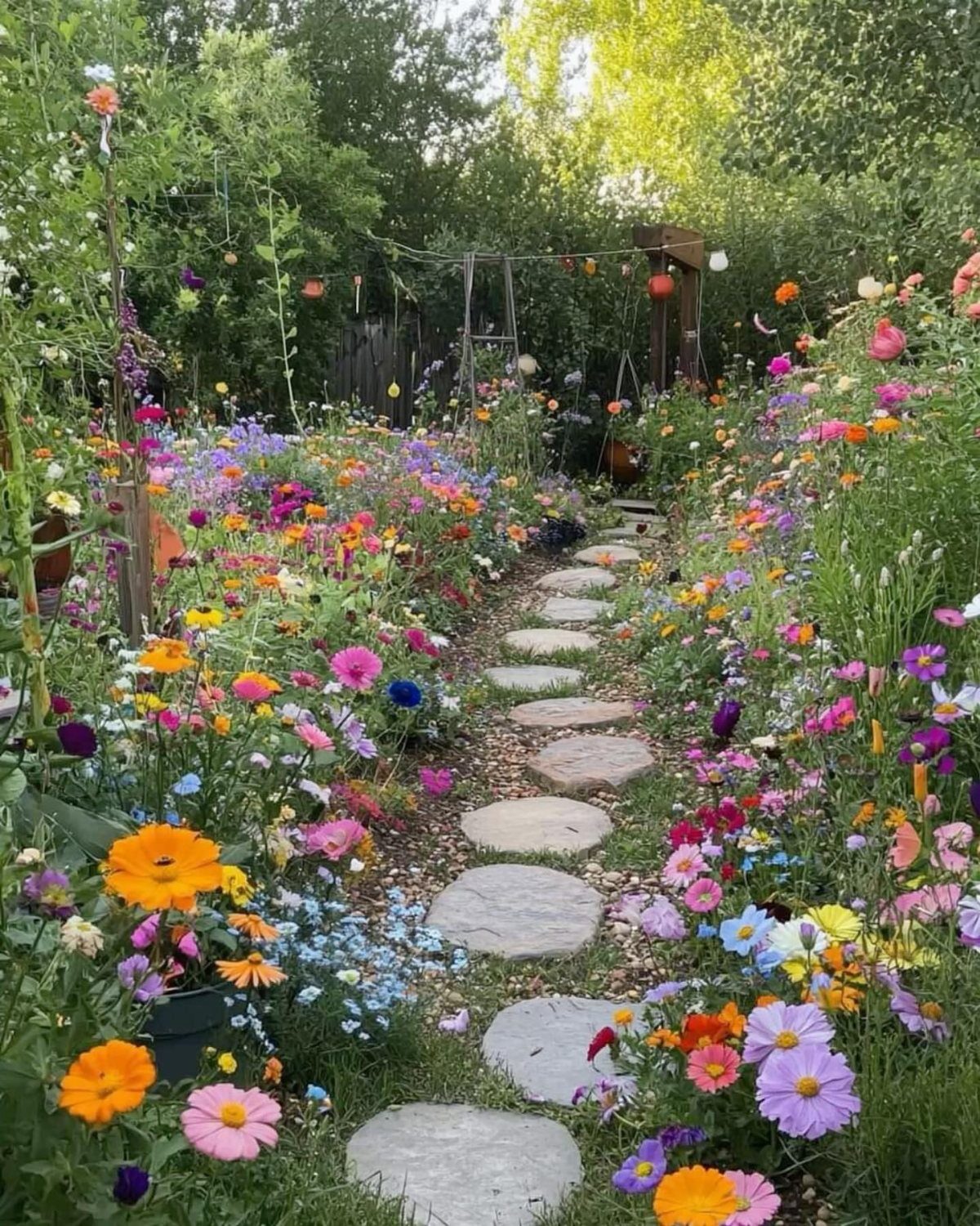 Colorful wildflowers in a dense meadow garden with a stone stepping path winding through.