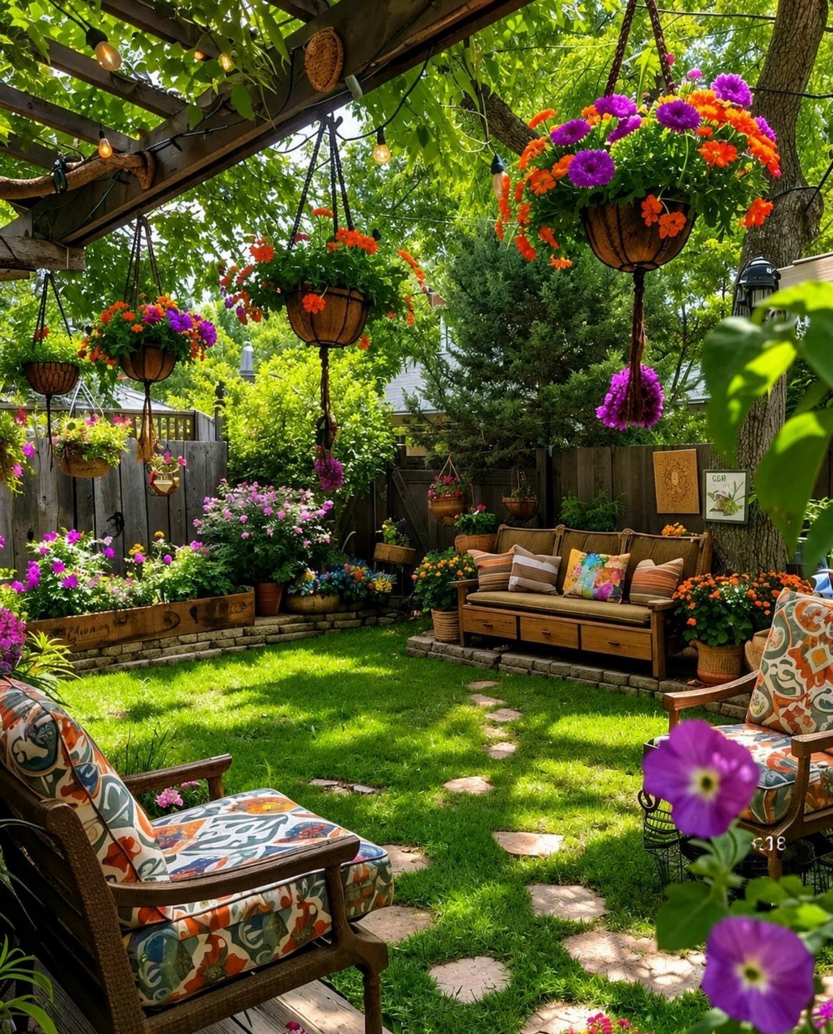 Colorful hanging flower baskets and patterned patio furniture surround a green lawn in a lush backyard garden.