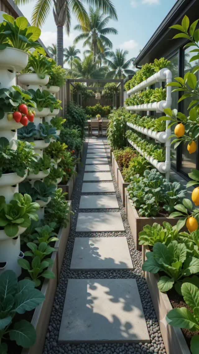 Vertical hydroponic pipes and raised beds filled with edible vegetables line a stone garden path.