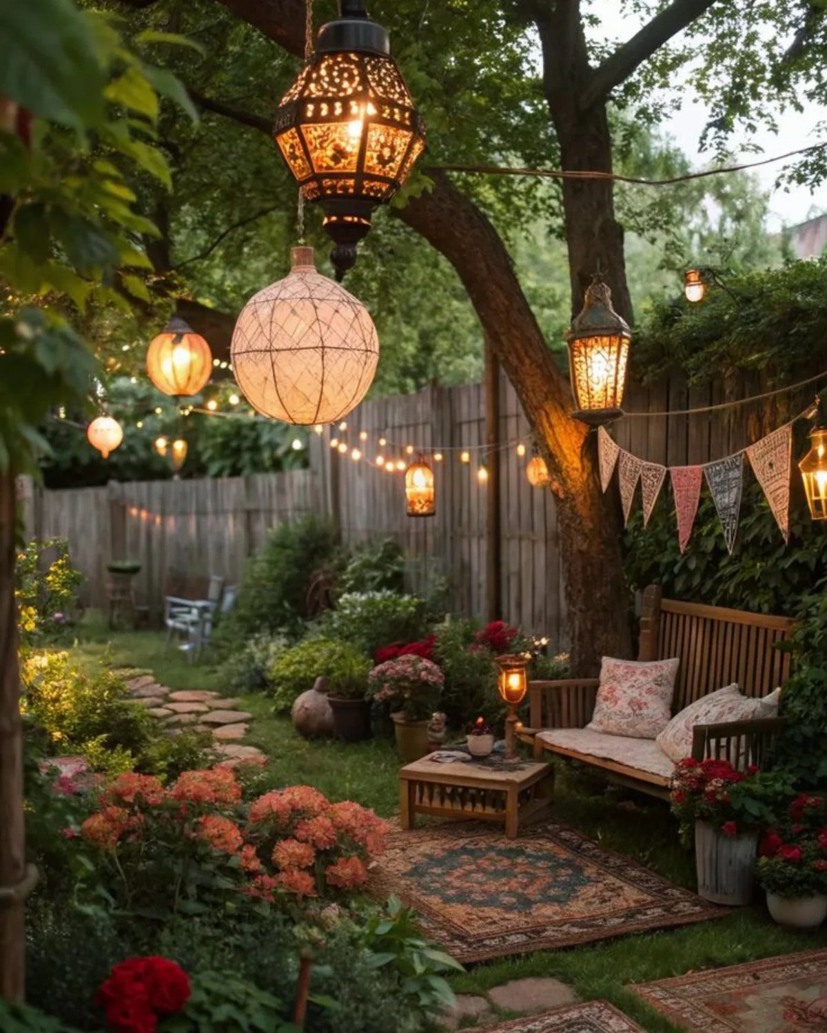 A magical garden setting with hanging lanterns, string lights, a wooden bench, and a cozy rug.