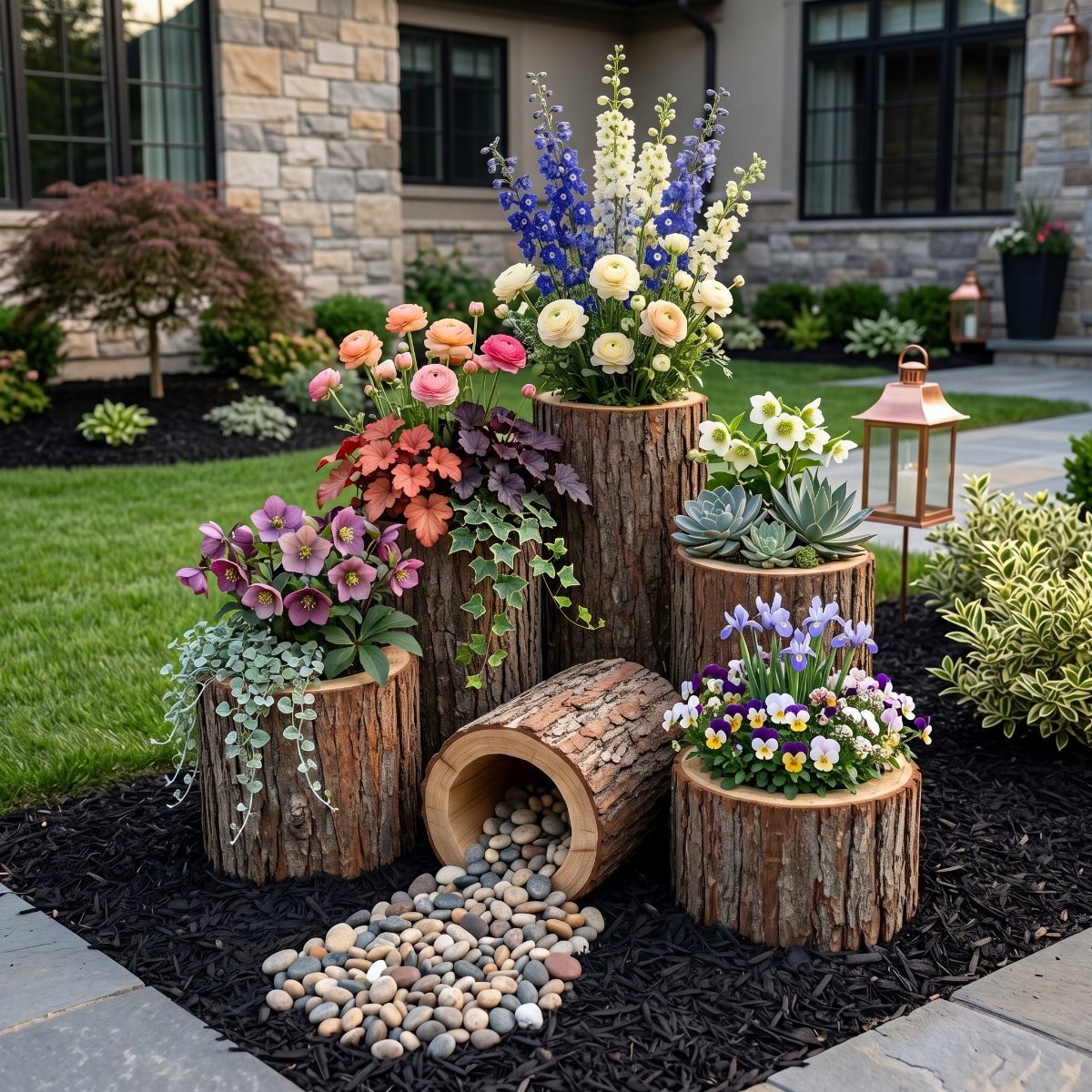 Tree stump planters filled with colorful flowers arranged in a dark mulch garden bed.