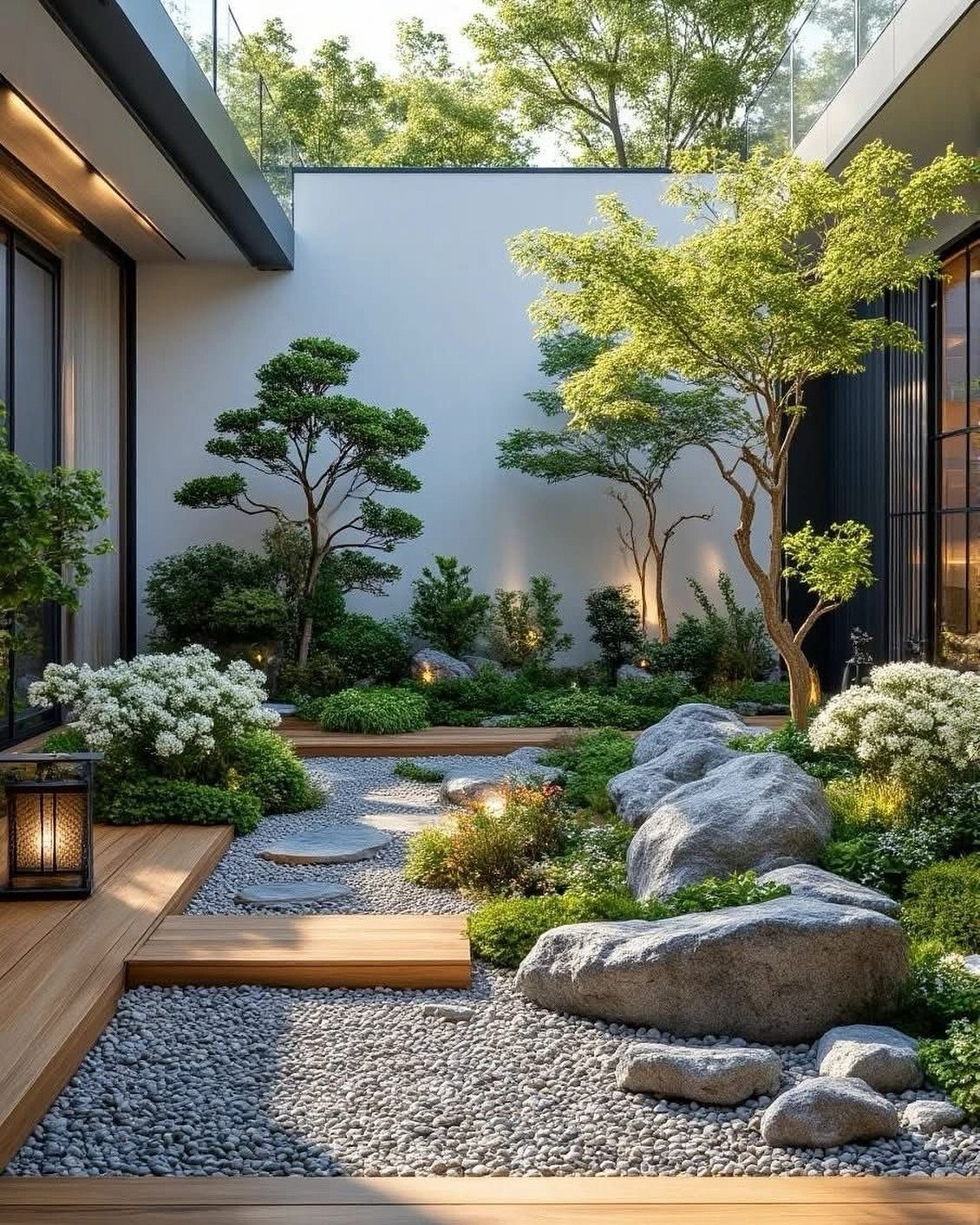 Modern courtyard garden with grey gravel, large rocks, wooden decking, and manicured green shrubs.