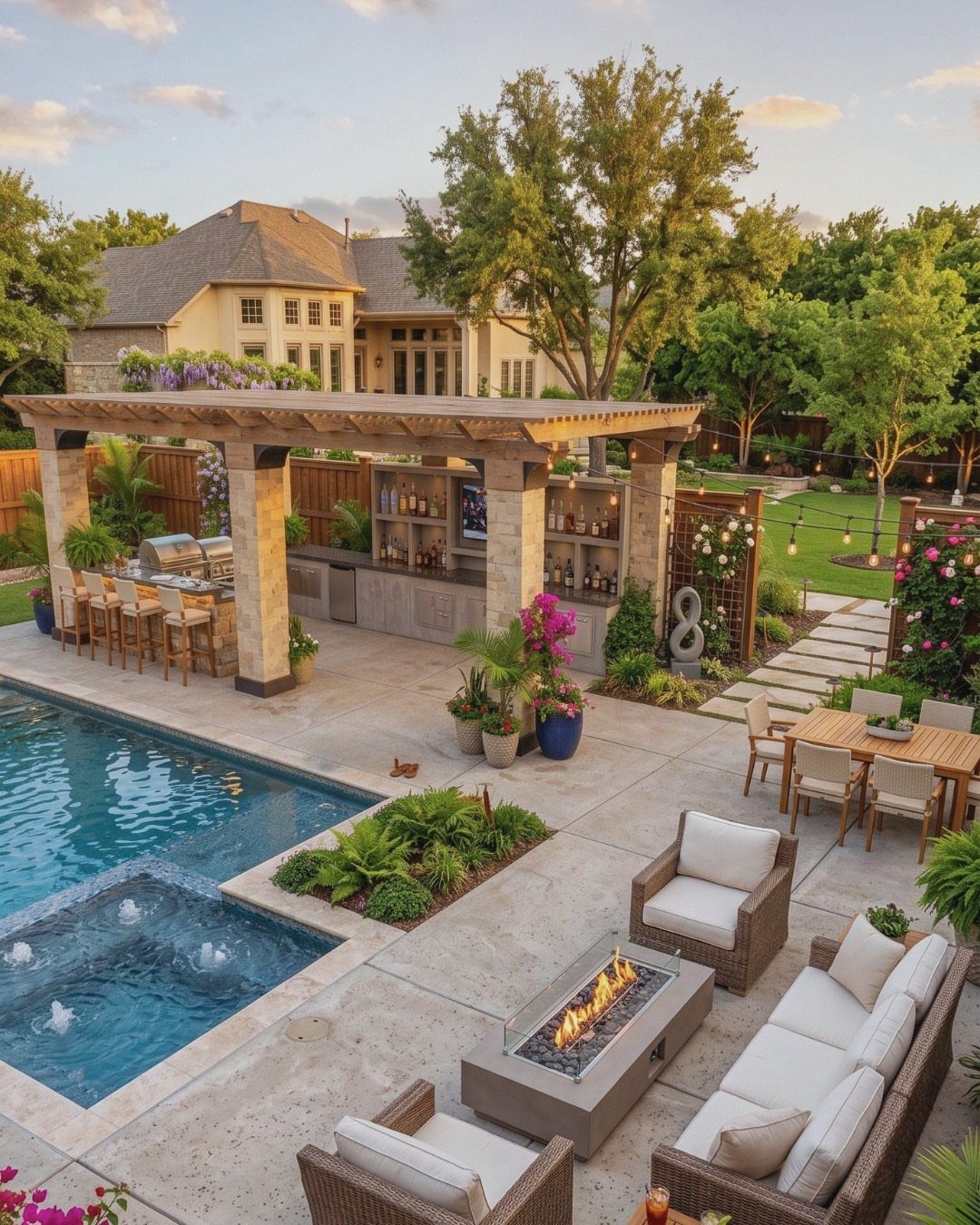 14 Outdoor Built In Grill Ideas for Every Backyard Style 14 Stone pillared pergola covering an outdoor kitchen and bar area next to a swimming pool.