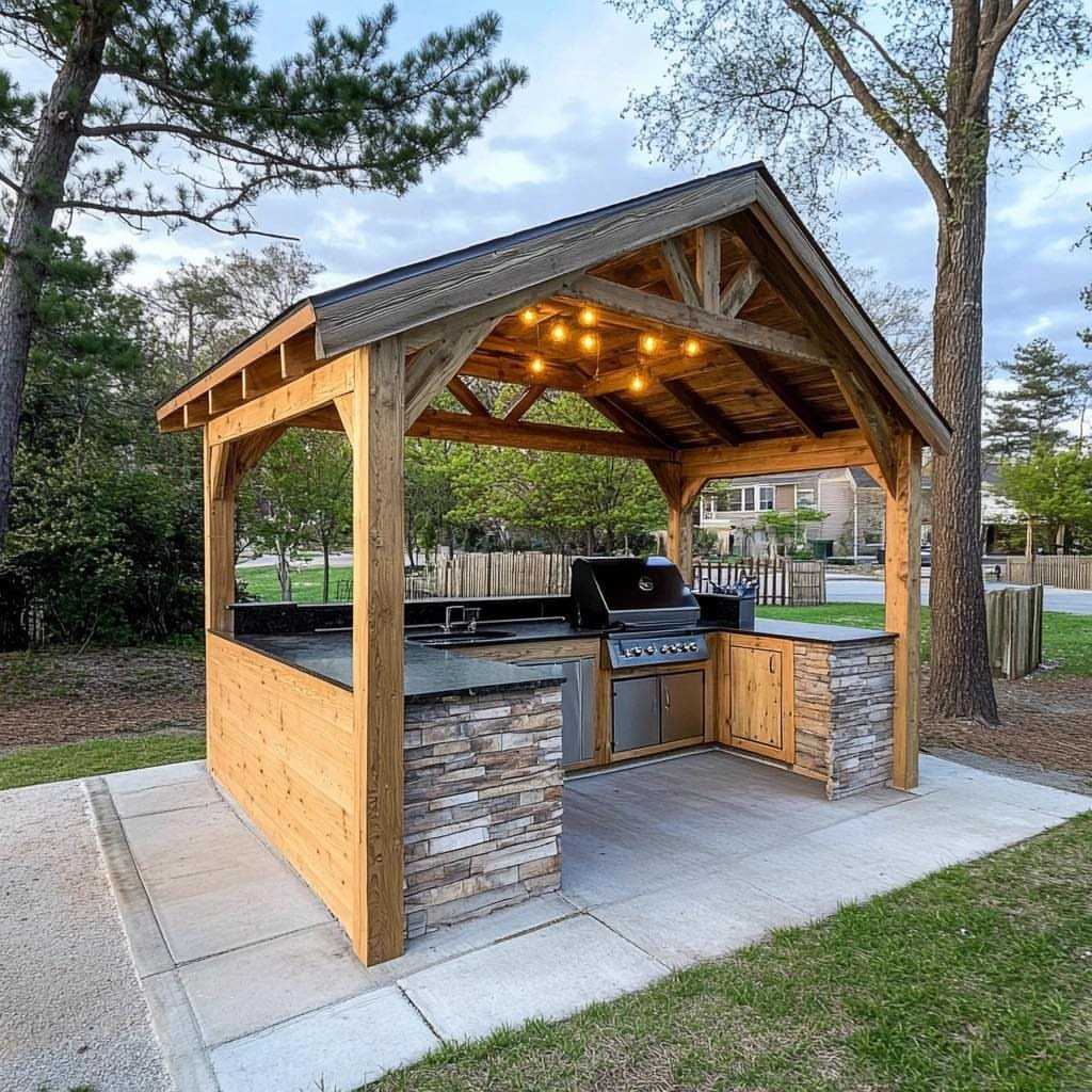 14 Outdoor Built In Grill Ideas for Every Backyard Style 4 A wooden pavilion containing a built-in outdoor kitchen with a grill, sink, and stone cabinetry.
