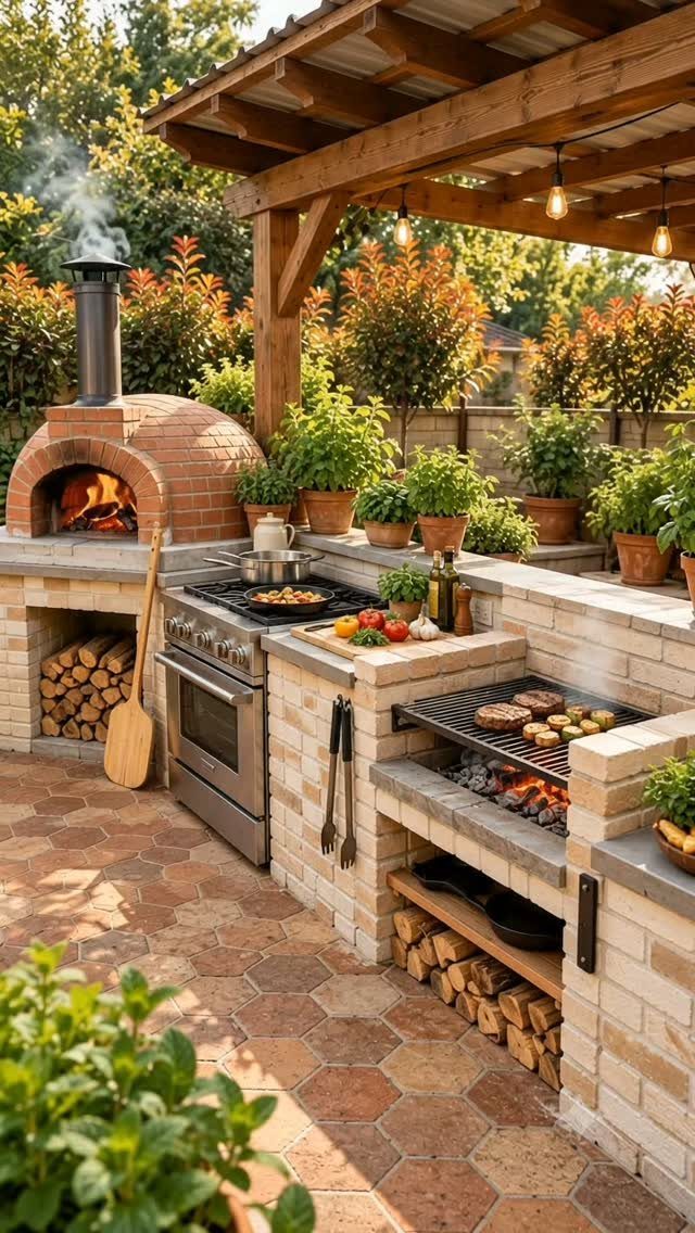 14 Outdoor Built In Grill Ideas for Every Backyard Style 2 A brick outdoor kitchen featuring a wood-fired pizza oven and a built-in stainless steel grill.