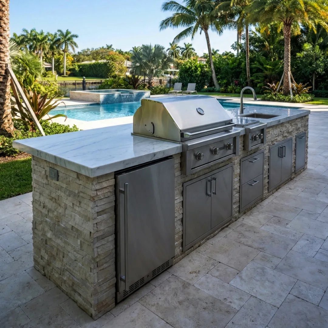 14 Outdoor Built In Grill Ideas for Every Backyard Style 5 A built-in stainless steel outdoor grill and kitchen island next to a swimming pool.