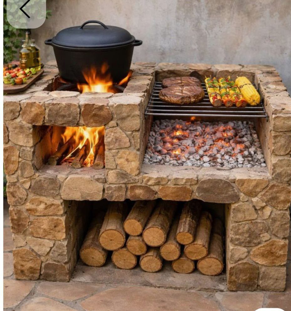 14 Outdoor Built In Grill Ideas for Every Backyard Style 8 Stone outdoor cooking station with a wood-fired oven, charcoal grill, and stacked firewood below.