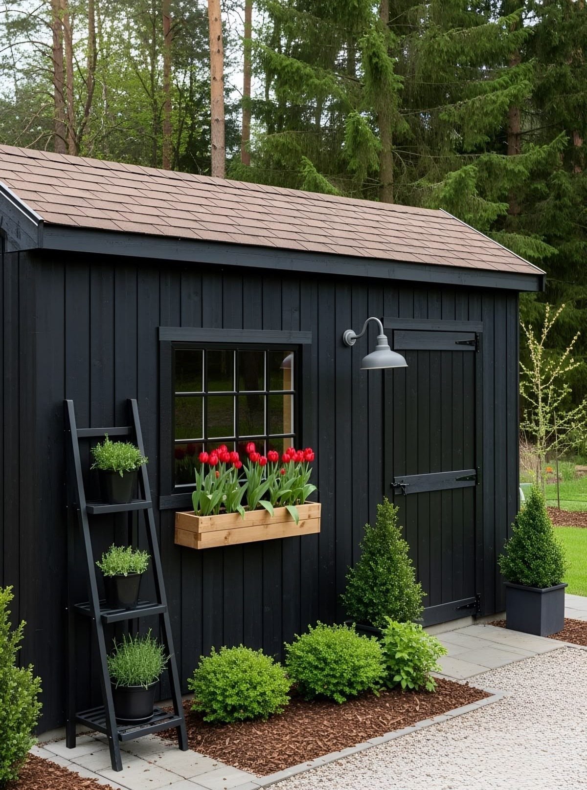 6 Painted Shed Colors for a Backyard That Actually Looks Planned 4 A black wooden garden shed featuring a window with red tulips and green shrubs in the foreground.