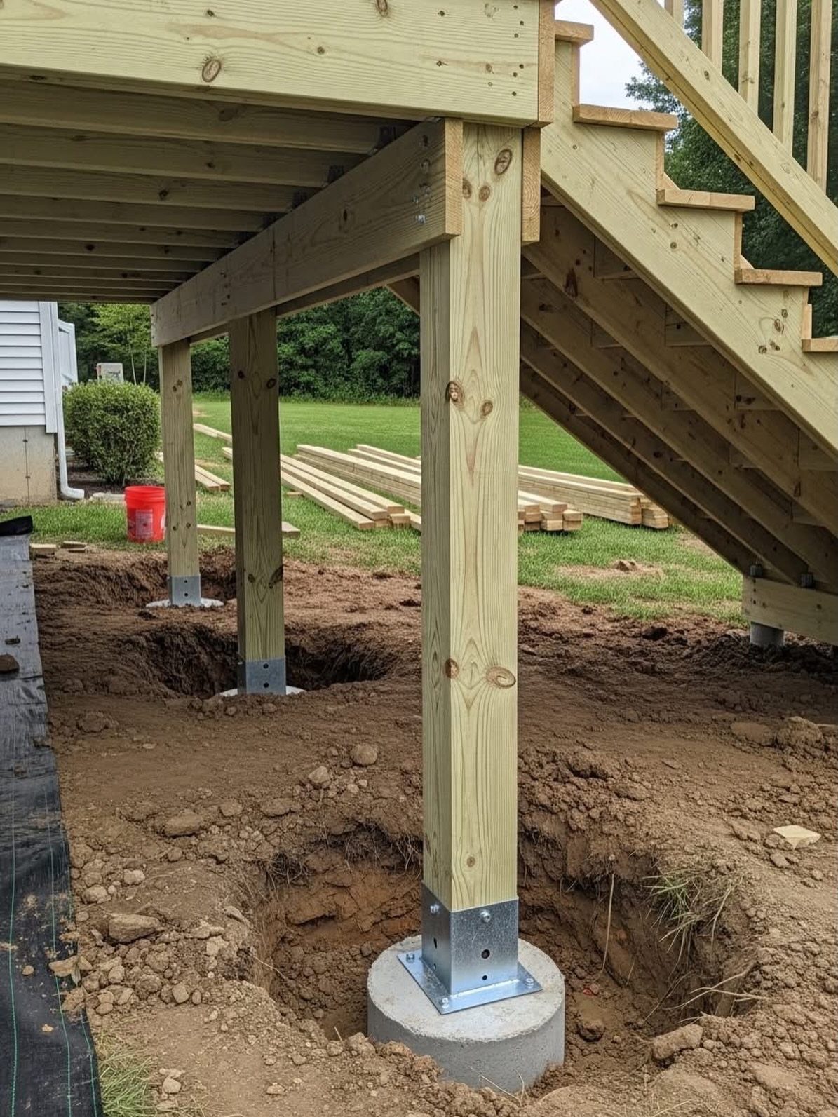 Raised Deck Frame: 8 Ideas From Wood Joists to Galvanized Steel 2 Wooden deck posts installed into concrete footings in a dirt yard during construction.